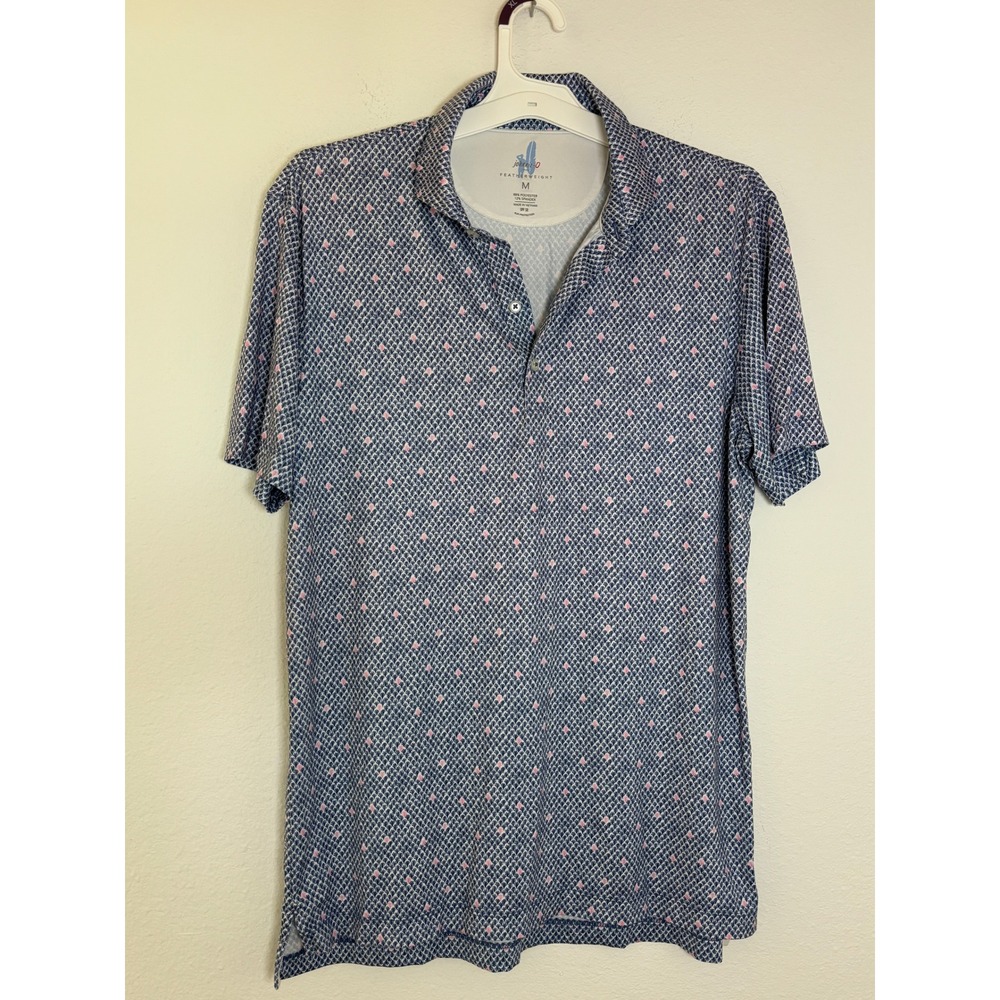 Johnnie-O Featherweight Polo Shirt Mens Medium Blue Pink Geometric Golf UPF 50
